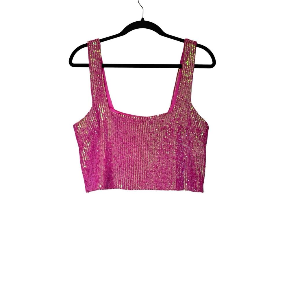 Show Me Your Mumu Pink Sequin Cropped Tank Top Square Neck Wide Strap Size M